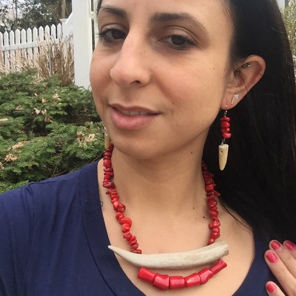 Red Coral Deer Antler Statement Necklace - Picture 9 of 14